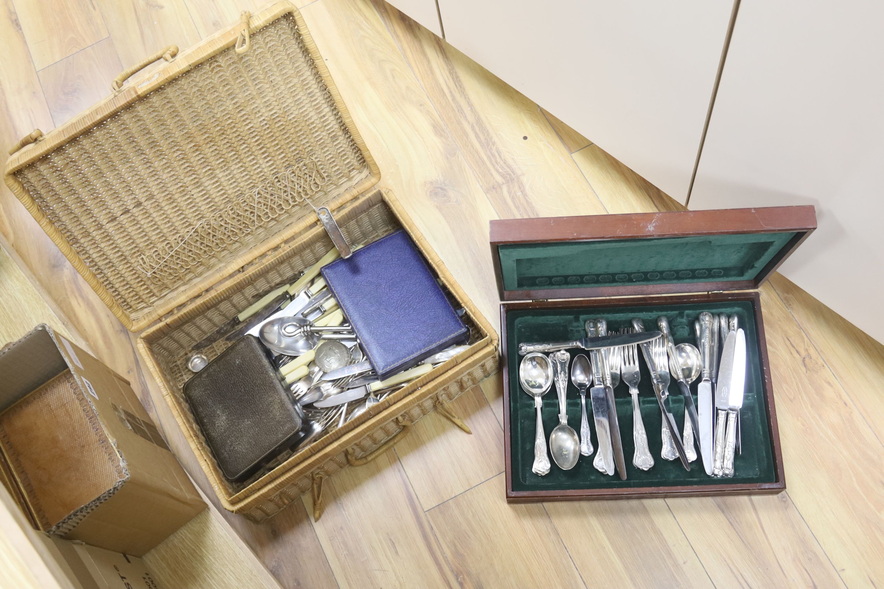 A cased part canteen of silver plated cutlery and a quantity of miscellaneous plated cutlery including two cased sets.